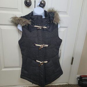 CI Sono NWT Women's Size Small HoodedVest Jacket Faux Leather Trim Faux Fur Trim